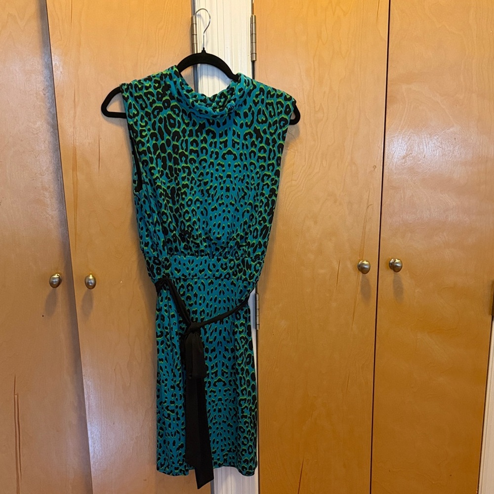 Laundry By Shelli Segal Teal and Black Leopard Print Midi Dress